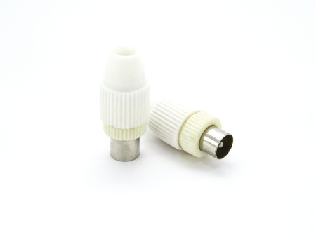 BNC connectors used for coaxial cable on white backgroundの写真素材