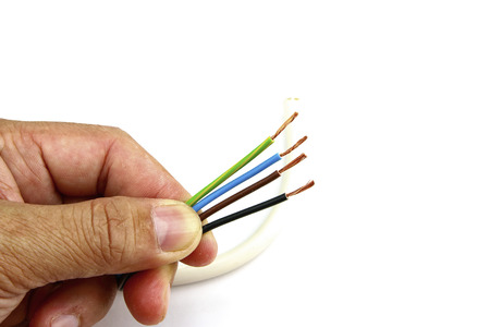 Electric cable in hand on white backgroundの写真素材