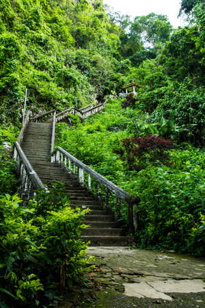Stairs are lead to the cave at Vang Vieng, Laosの写真素材