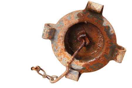 Old rusty metallic cap of jerry can on white backgroundの写真素材