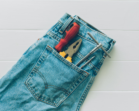 Jeans texture , Blue denim jeans with toolsの写真素材