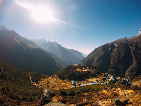 View of Namche bazar and mount thamserku - way to everest base camp, Khumbu valley, Sagarmatha national park, Solukhumbu, Nepalの写真素材