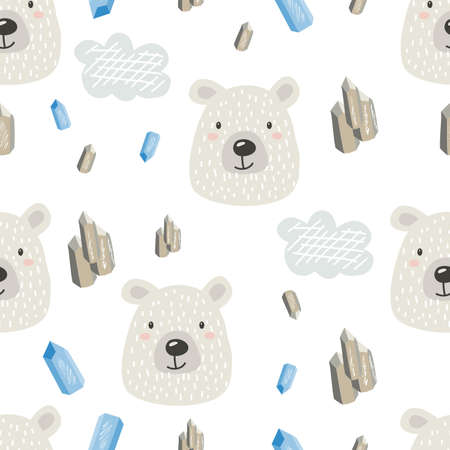 Seamless pattern with teddy bears and ice. Vector illustration for printing paper, bed linen, Christmas decorations. Cute baby background.のイラスト素材