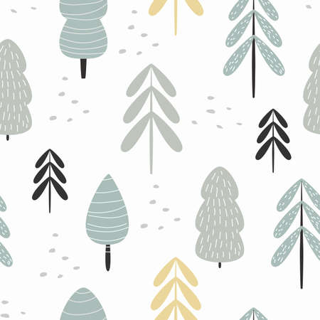 Seamless pattern winter forest. Vector illustration for your wrapping paper, banner, postcards, bed linen, clothes. Cute baby background.のイラスト素材