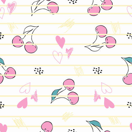 Seamless pattern featuring cherries, hearts and stripes. Vector paper for postcards, clothes and bed linen. Cute baby background.のイラスト素材