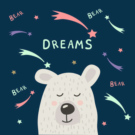 Bear. Vector illustration for postcard, banner, packaging paper, fabric. Cute baby background.