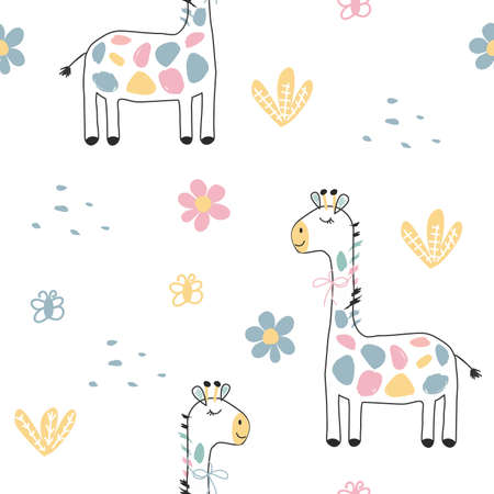 Seamless pattern with colored giraffes, flowers and butterflies. Vector illustration for banners, postcards, clothes, bed linen, packaging paper. Cute picture on a children's theme.のイラスト素材