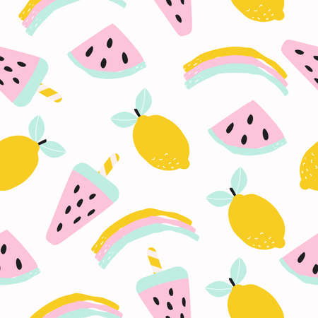 Seamless pattern with lemon, watermelon and ice cream. Vector illustration for printing, banner...
