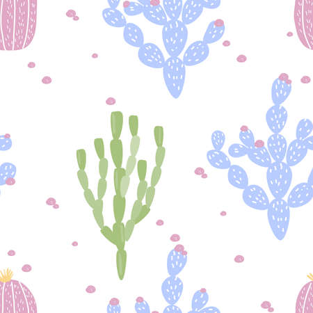 Seamless pattern with colorful cacti against a white background. Vector illustration for printing on fabric, wrapping paper, Wallpaper. Cute baby background.のイラスト素材