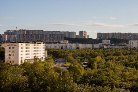 view of the city of Severomorsk in the Sunny summer eveningの写真素材