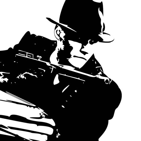 man in a black suit and a hat with a gun in his handのイラスト素材