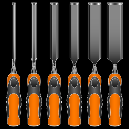 chisels of different widths for carving on black background vectorのイラスト素材