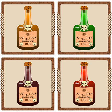 icons with glass bottles of pirate rum vectorのイラスト素材