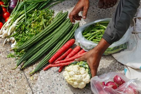 Hands of an Indian man taking vegetables after shoppingの写真素材