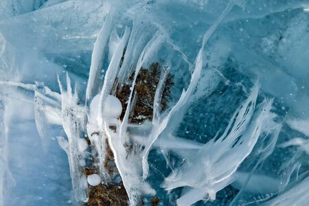 Abstract cracks in Baikal lake ice with bubbles and plantsの写真素材