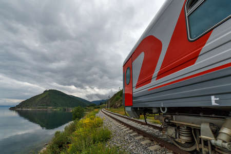 RUSSIA, ANGASOLKA - JULY 2020: Train on a Circum Baikal railway