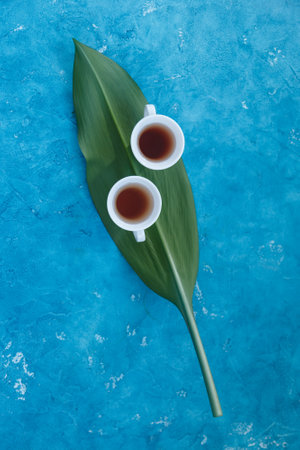Two white cups with tea standing on a green leaf with blue background, view from topの写真素材