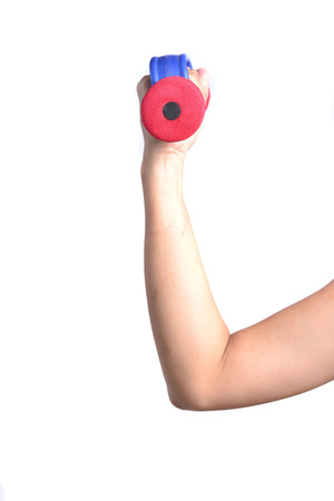 hand held dumbbells isolated on white background の写真素材