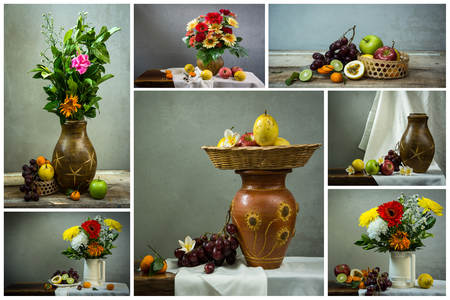 set of the Still life with a apple and a orange and passion fruit set の写真素材