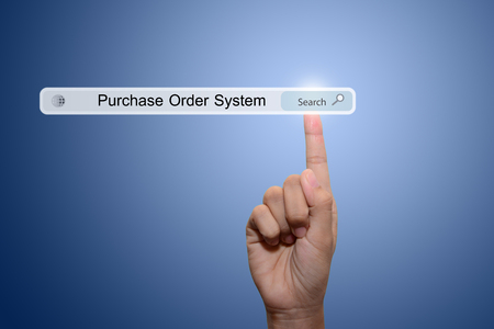 Business and technology, searching system and internet concept - male hand pressing Search Purchase Order System button. の写真素材
