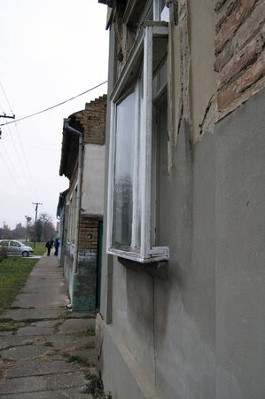 Old traditional window in the village of Kovacica. Behind these windows young ladies were able to monitor the street right and left without being seen.の写真素材