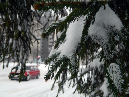 Winter town idyll after heavy snowfall.の写真素材