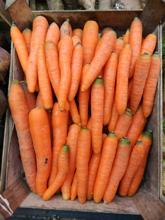 Fresh carrots on a market stall waiting for customers.の写真素材