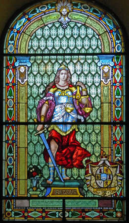 Leaded glass and the image that is a symbol of justice and the judiciary.の写真素材