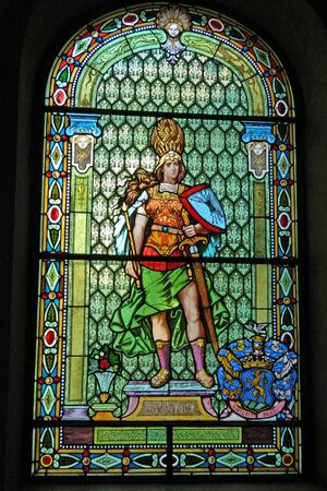 A large stained-glass window that represents the force of progress.の写真素材