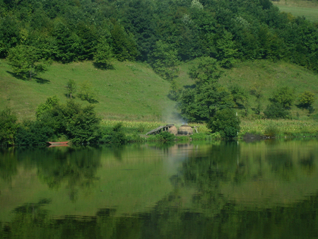 Oven for charcoal on the river early in the morning.の写真素材