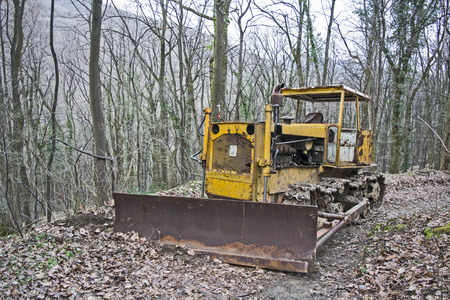 Old abandoned bulldozer in the woods.の写真素材