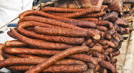Traditionally ready homemade sausages exposed for sale.の写真素材