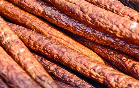 Traditionally ready homemade sausages exposed for sale.の写真素材
