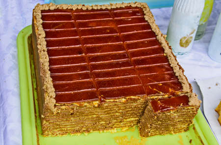 Cake exposed for sale and tasting at a local event in Serbia.の写真素材