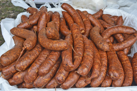 Freshly produced sausages that are put up for sale.の写真素材