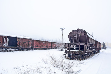 Winter and snow that fell across the tracks and intersections of two tracks.の写真素材