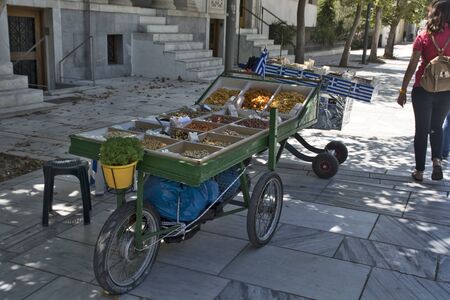 ATHENS, GREECE, JUN 04, 2016 Street mobile sales of fine fresh oriental snacks.のeditorial素材