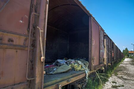 Zrenjanin, Serbia, May 28, 2017. The old freight railway wagons which have served their shelf life and are waiting for servicing or urine.のeditorial素材