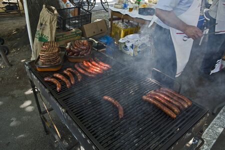 Backi Petrovac, Serbia, August 05, 2017. Traditional street sale of grilled sausages and grilled sausages.のeditorial素材