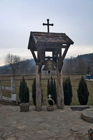 Koviljaca Spa, Sunny River, January 26, 2019. Church bell located just outside the church in the open air.のeditorial素材