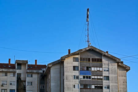 Zrenjanin, Serbia, May 03, 2020. Network repeaters installed on the roof of the building. Mobile...