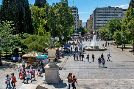Athens, Greece, June 04, 2016. Large and beautiful Syntagma Square where there are always a lot of tourists and locals. Opposite the square is the building of the Greek Parliament.のeditorial素材