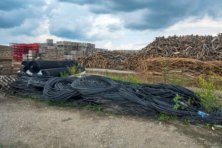 Huge hill of wood in storage. The logs are stored for processing in industry and stored in the open....