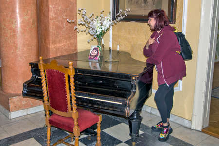 The artist stands next to the piano and looks at her painting on the piano.の写真素材