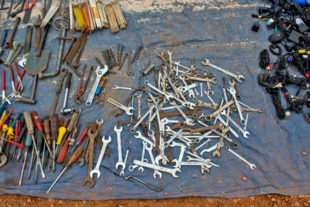 Zrenjanin, Serbia, November 10, 2015. Old tools, wrenches, screwdrivers, pliers, meters, cables and much more. This market is always well visited.のeditorial素材