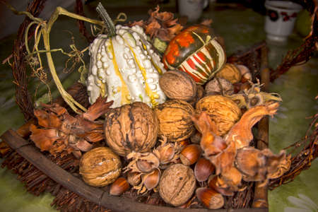 Beautiful walnuts, hazelnuts and decorative pumpkins placed in a decorative basket.の写真素材