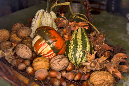 Beautiful walnuts, hazelnuts and decorative pumpkins placed in a decorative basket.の写真素材
