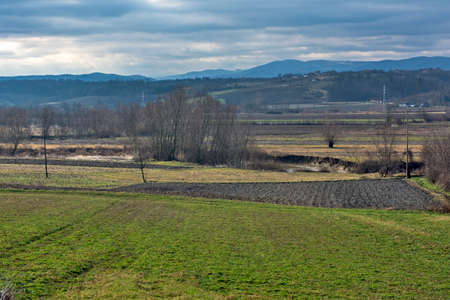 Panoramic view of the valley in western Serbia. The surroundings of the town of Loznica are very picturesque. This land is rich in lithium ore, which is called Jadarit here.の写真素材