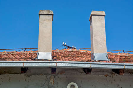The front of the building and two white chimneys on the roof.の写真素材