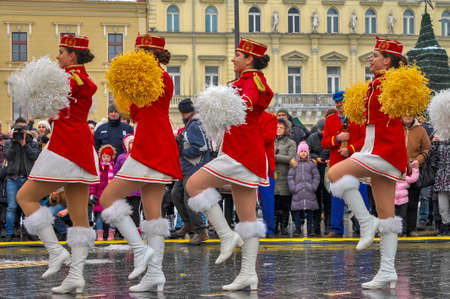 Zrenjanin, Serbia, January 12, 2019. A group of young majorettes rehearse on the street. Majorettes represent the traditional carnival of mimosas in Herceg Novi from Montenegro.のeditorial素材